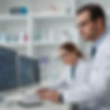 Pharmacy professionals analyzing software solutions