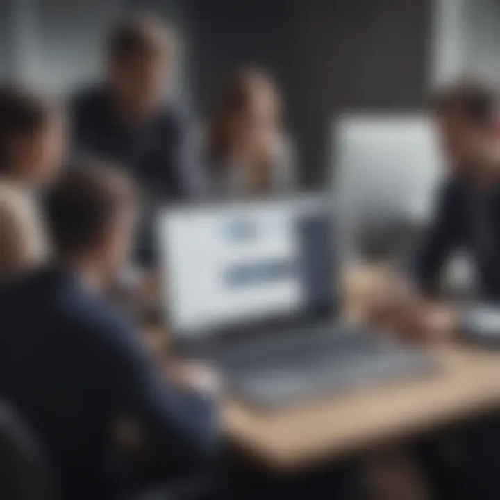 A team collaborating over a laptop displaying HR management software